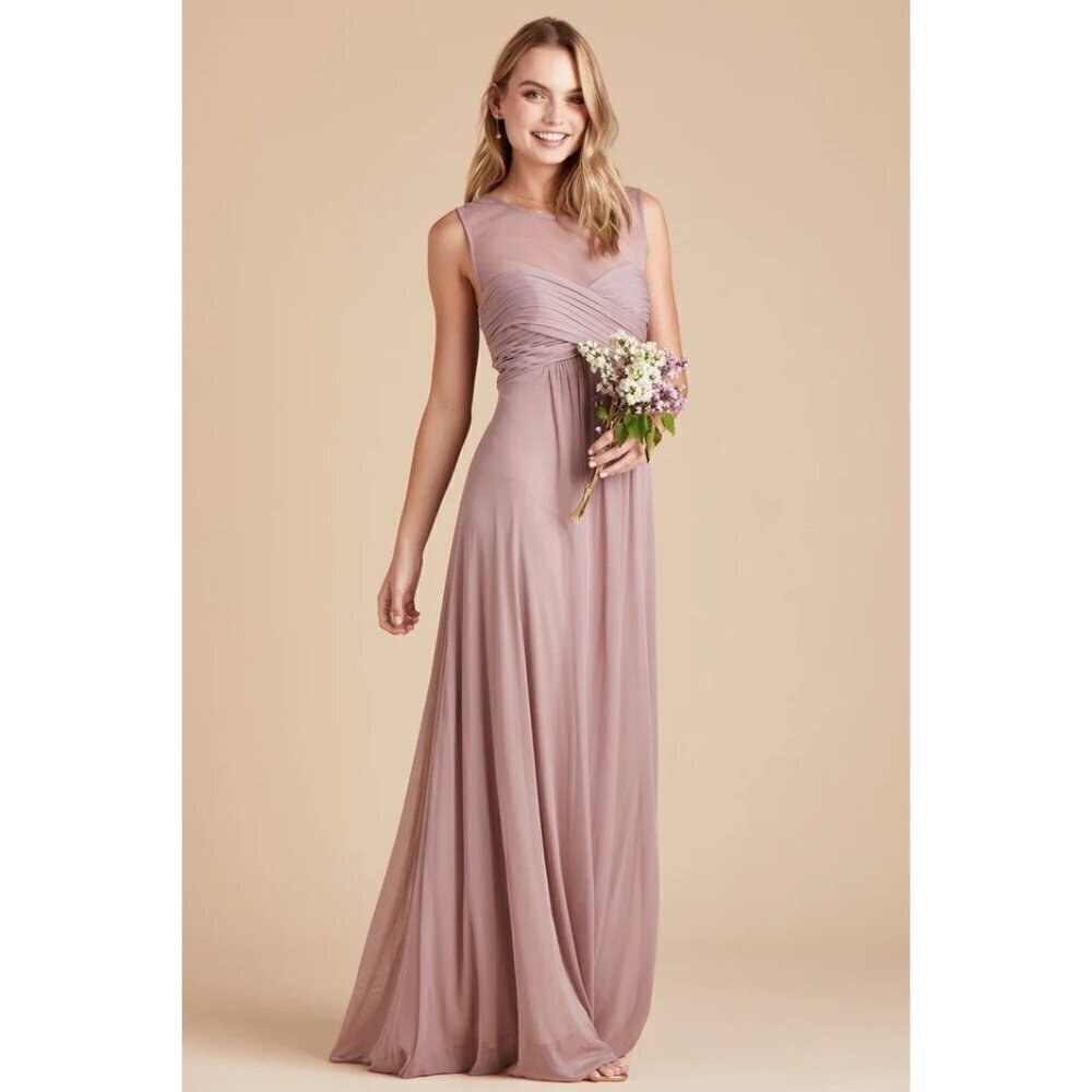 Birdy Grey Ryan Sheer V Back Maxi Formal‎ Bridesmaid Dress Mauve Medium NWT